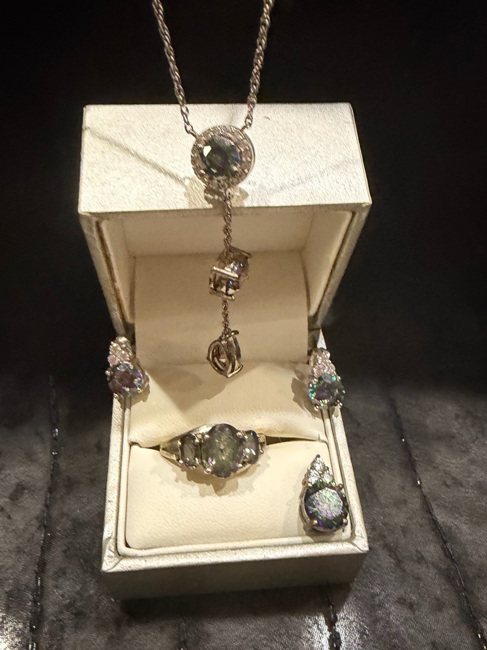 Silver-tone Mystic Topaz Ring, Necklace & earring set in Iridescent Green